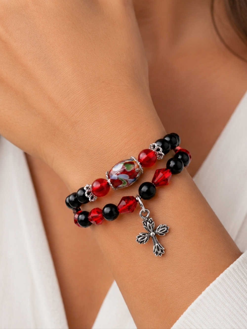 Chic Beaded Stack Bracelet Set With Silver Cross